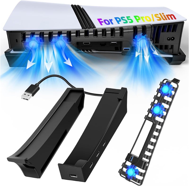 FASTSNAIL Horizontal Stand & Cooling Fan for PS5 Pro/Slim Console, Auto Fan Speed by Temperature and Controller Charger Station, Efficient Cooling System with 3 Fans & 2 USB 3.0 and 3 USB 2.0 Hub - Image 1